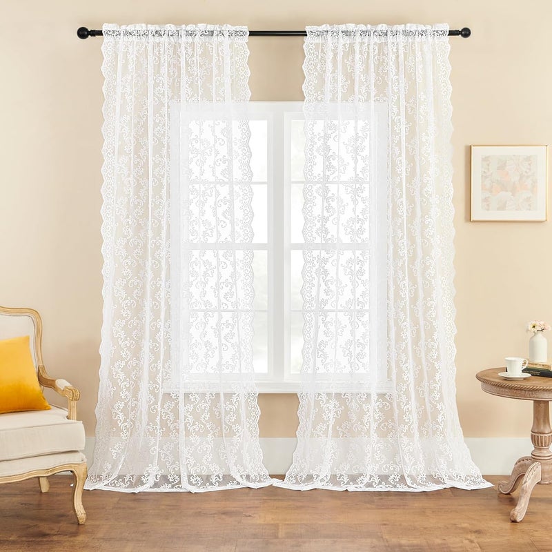 FOLKSIDE White Lace Curtains 102 Inches Long 2 Panels Paisley Floral Sheer Curtains for Living Room Bedroom Rod Pocket Light Filtering Neutral Large Window Privacy Decor for Dining Room Hallway, 52x102 - Image 1
